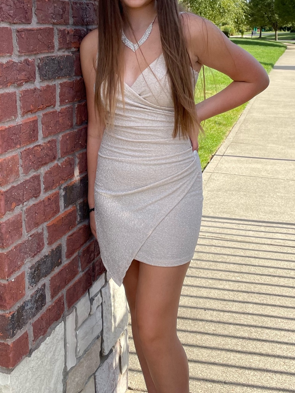 Windsor Sparkle Ruched Wrap Mini Dress in Champagne